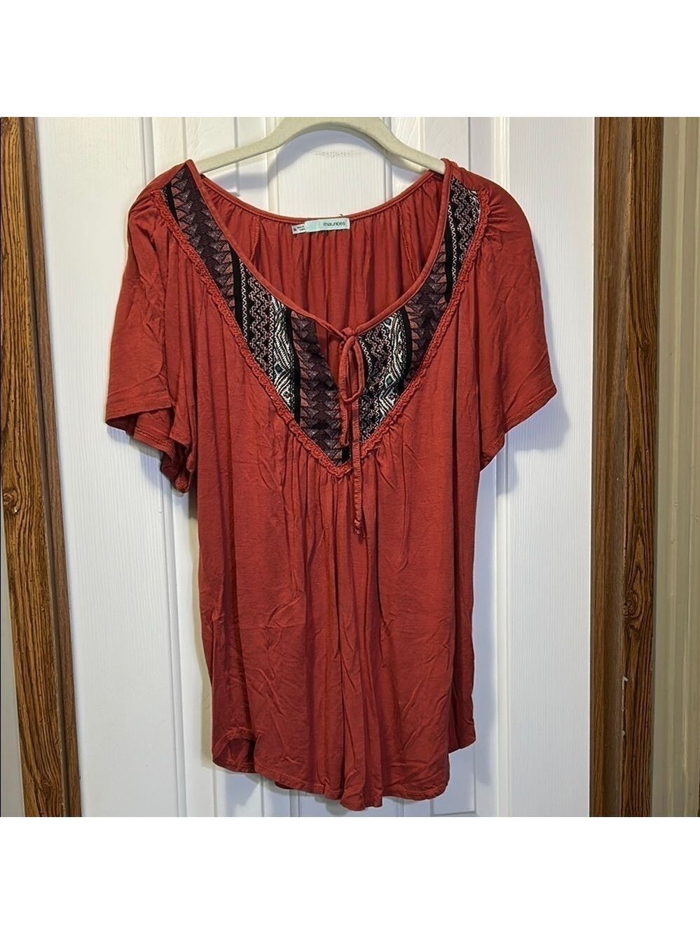 Maurices Rust Blouse with Embroidered V-Neck